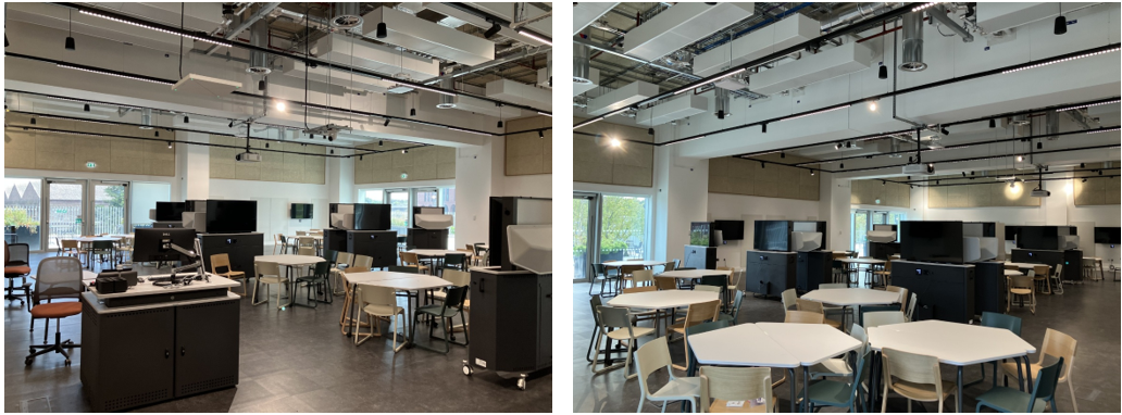 Classroom with table and chairs set up for active learning.